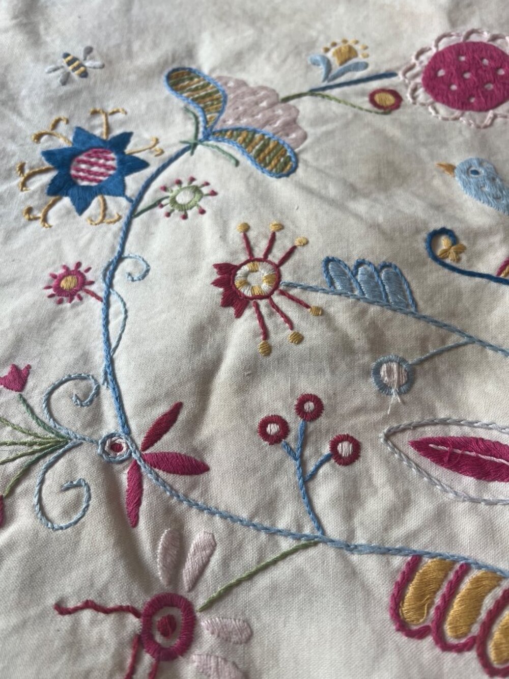 Ikea Embroidered Pillowcase With Floral & Bird Design On Cream Cotton Fabric - Picture 2 of 8